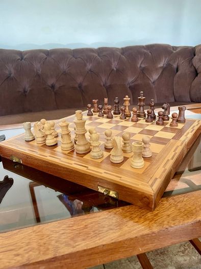Vintage Marquetry Inlaid Folding Wooden Chess Board Chess Pieces Dice and Counters