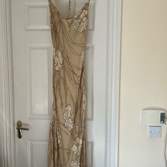 Reiss gold/floral midi satin dress , cowl neckline and straps back with side slit , new with tags