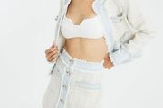 River island cream tweed winter mini skirt wool designer inspired denim mix diamond buttons M 10/12