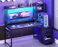 Gaming Desk with Drawers  Display Shelves, 120 by 48 cm Computer Desk with LED Lights  Sockets, Reversible PC Gaming Table with Monitor Stand, Carbon Fiber Black