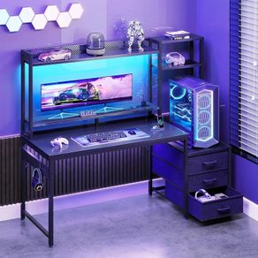 Gaming Desk with Drawers  Display Shelves, 120 by 48 cm Computer Desk with LED Lights  Sockets, Reversible PC Gaming Table with Monitor Stand, Carbon Fiber Black