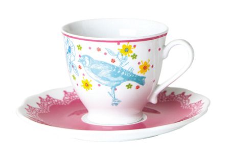 Porcelain Tea Cup Set Floral Birds With Saucers