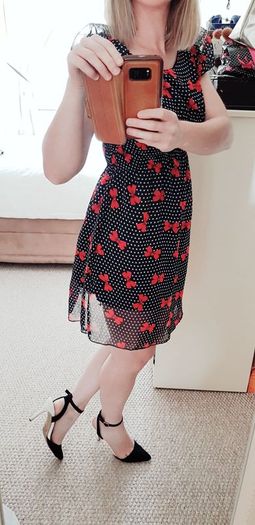 Navy Polka Dot Mini Dress with Bows - Size 6