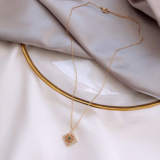 Emerald Stone Delicate Crystal Gold Tone Necklace