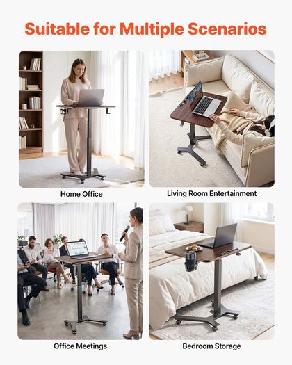 Adjustable Standing Desk 715 x 520mm, Mobile Sit Stand Computer Workstation with Wheels, Pneumatic Height Adjustment, Foot Pedal Lift, 15kg Capacity, Black