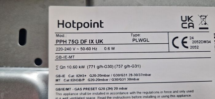 Gas hob Hotpoint 75cm