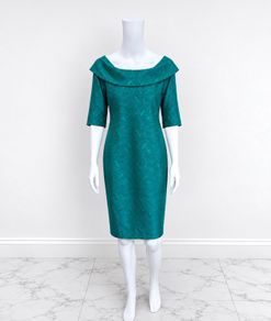 Pre Owned Coco Doll Teal Jacquard Off-The-Shoulder Cocktail Dress