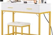 36 Inch Vanity Desk with Mirror and Drawers, Vanity Table and Stool, Dressing Table with Lights and Socket Strip for Bedroom, Gold
