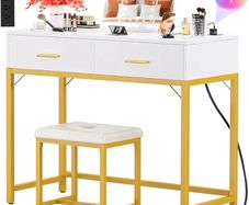 36 Inch Vanity Desk with Mirror and Drawers, Vanity Table and Stool, Dressing Table with Lights and Socket Strip for Bedroom, Gold