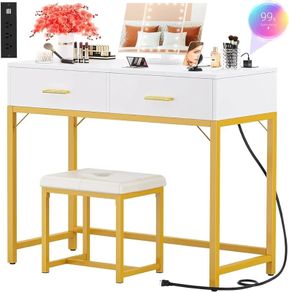 36 Inch Vanity Desk with Mirror and Drawers, Vanity Table and Stool, Dressing Table with Lights and Socket Strip for Bedroom, Gold