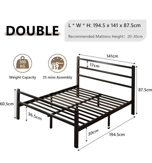 Metal Double Bed Frame With Stylish Headboard And Footboard,Bed Frame Double Bed,Easy Assembly, Ample Under-bed Storage Space, Black