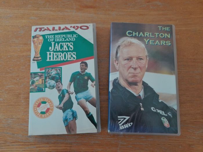 2 Republic of Ireland Football VHS tapes/Cassettes. THE CHARLTON YEARS and JACKS HEROES. Jack Charlton, ITALIA '90, FIFA world cup, FAI, 90s, football, collectable, memorabilia.