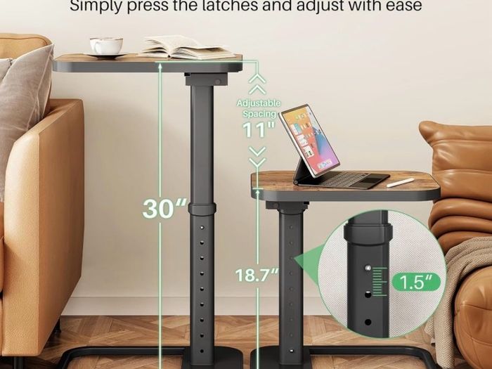 C-Shape Side Table with Adjustable Height & Flip Top, Rounded Corners Small Space End Table, Couch Sofa Table for Laptop Coffee Snack in Living Room Bedroom Bedside