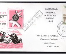 1967 Ireland 7d Europa (CEPT) stamp on First Day Cover (FDC) for Castlebar Council of Europe Award