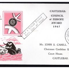 1967 Ireland 7d Europa (CEPT) stamp on First Day Cover (FDC) for Castlebar Council of Europe Award