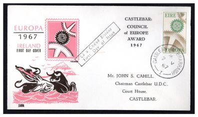 1967 Ireland 7d Europa (CEPT) stamp on First Day Cover (FDC) for Castlebar Council of Europe Award