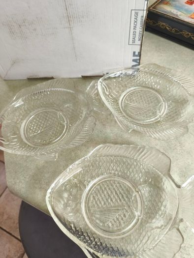 Vintage set of 3 fish shape glass serving plates, Fish plate, Nautical decor.