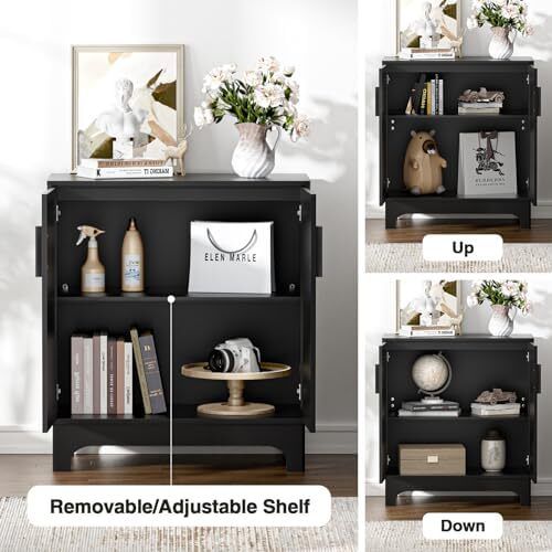 Sideboards for Living Room Black Kitchen Storage Cupboard Accent Cabinet with Adjustable Shelves, Magnetic Closure, Anti-tip