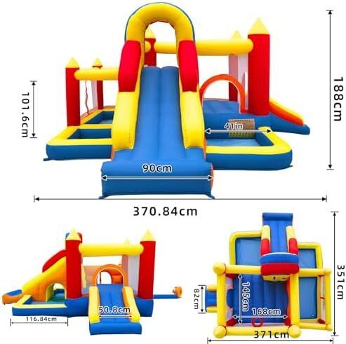 Bouncy Castle, Inflatable Bounce House with Two Slides, Trampoline, Arch Barrier, Ball Pit, Climbing Wall, Inflatable Slide with Blower for Kids Indoor Outdoor