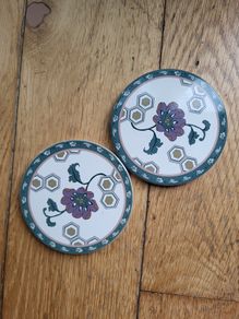 Set of 2 small ceramic coasters folk flowers NEW