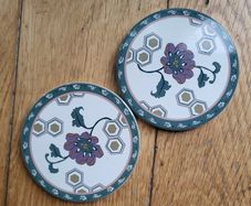 Set of 2 small ceramic coasters folk flowers NEW