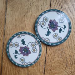 Set of 2 small ceramic coasters folk flowers NEW