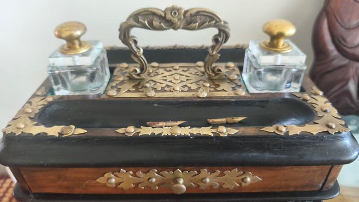 Antique Walnut,Ebony and Pierced Brass Double Inkwell Desk Set.
