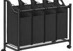 Laundry sorter 4 compartments black laundry basket, laundry collector with 4 removable cloth bags, laundry holder on wheels, laundry sorter, stable, 4 x 35 liters, black