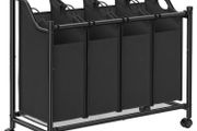 Laundry sorter 4 compartments black laundry basket, laundry collector with 4 removable cloth bags, laundry holder on wheels, laundry sorter, stable, 4 x 35 liters, black