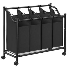 Laundry sorter 4 compartments black laundry basket, laundry collector with 4 removable cloth bags, laundry holder on wheels, laundry sorter, stable, 4 x 35 liters, black