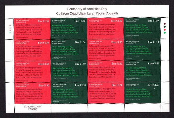 2018 Ireland Armistice Day The 100th Anniversary of the End of World War I Commemorative Stamp Sheetlet Plate 1A1A1A1A Mint Never Hinged (MNH)