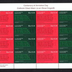 2018 Ireland Armistice Day The 100th Anniversary of the End of World War I Commemorative Stamp Sheetlet Plate 1A1A1A1A Mint Never Hinged (MNH)