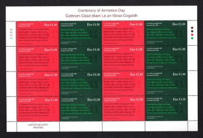 2018 Ireland Armistice Day The 100th Anniversary of the End of World War I Commemorative Stamp Sheetlet Plate 1A1A1A1A Mint Never Hinged (MNH)