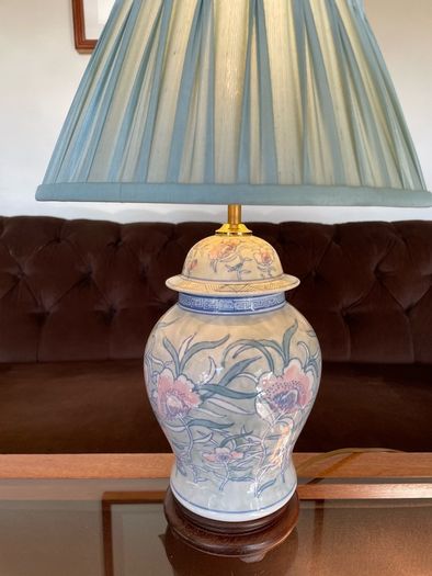 Pretty Oriental Pastel Floral Ginger Jar Lamp Base with Wooden Plinth Base