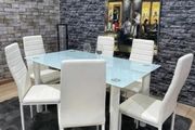 Modern Glass Dining Table Set Seats 6, White