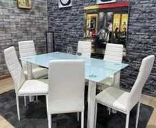 Modern Glass Dining Table Set Seats 6, White