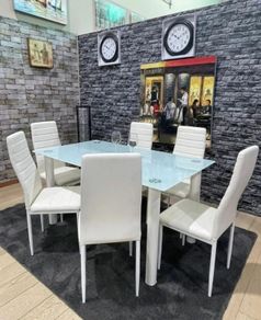 Modern Glass Dining Table Set Seats 6, White