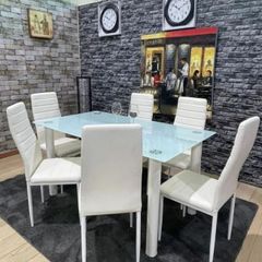 Modern Glass Dining Table Set Seats 6, White