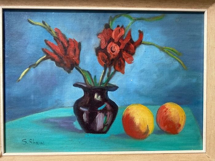 picture This mid-20th-century floral and fruit still life painting is signed S. Shaw in the lower left corner.