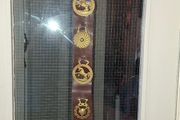 Antique Horse Brass Hanging Strap, Brown Leather Strip Mounted Five Brass Medallions Horse Brasses. Postage Available or Collection