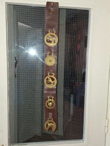 Antique Horse Brass Hanging Strap, Brown Leather Strip Mounted Five Brass Medallions Horse Brasses. Postage Available or Collection
