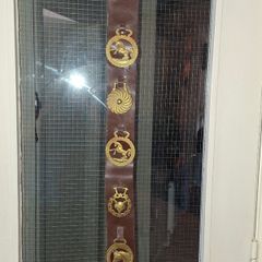 Antique Horse Brass Hanging Strap, Brown Leather Strip Mounted Five Brass Medallions Horse Brasses. Postage Available or Collection