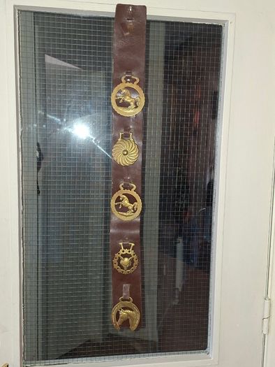 Antique Horse Brass Hanging Strap, Brown Leather Strip Mounted Five Brass Medallions Horse Brasses. Postage Available or Collection