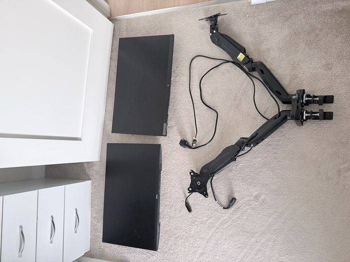 Complete desktop setup- 2 desktops, arm that holds 2 desktops and accessories.