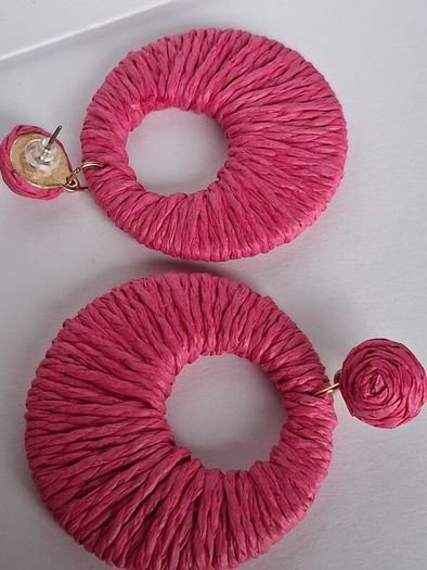 Hot Pink Raffia Woven Stud Hollow Out Woven Hoop Earrings