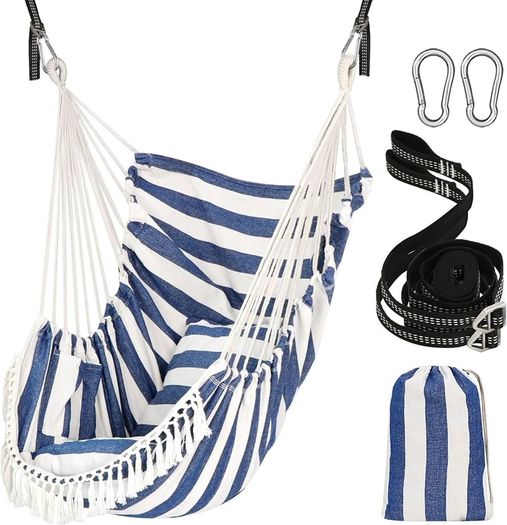 NEW SALE | Hammock Chair Hanging Swing 2 Seat Cushions Included,Strong Webbing Straps and Hooks for Easy Hanging Soft Cotton Weave Hanging Chair Side Pocket Large Tassel Chair Set Comfort Indoor Outdoor