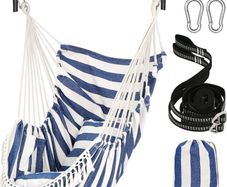 NEW SALE | Hammock Chair Hanging Swing 2 Seat Cushions Included,Strong Webbing Straps and Hooks for Easy Hanging Soft Cotton Weave Hanging Chair Side Pocket Large Tassel Chair Set Comfort Indoor Outdoor