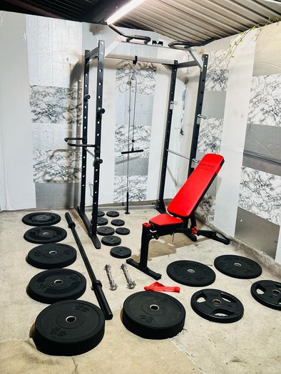 130 Kg Olympic Barbell Set Power Rack With Dip Attachments Bench Dumbbells