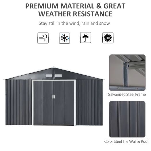 MASSIVE SALE 13x11FT Garden Roofed Metal Storage Shed Tool Box with Foundation Ventilation & Doors, Grey