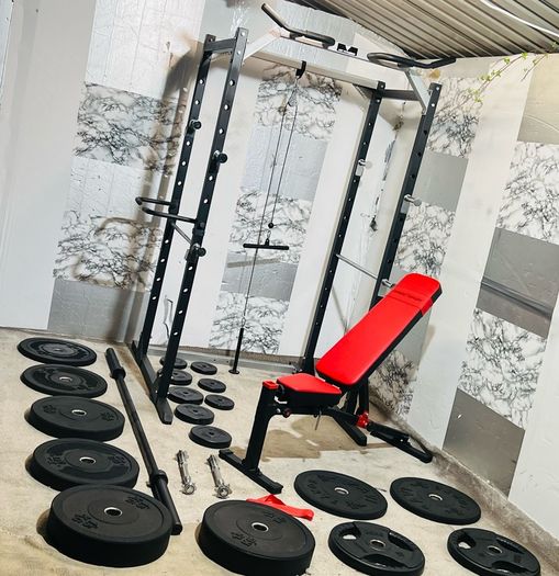130 Kg Olympic Barbell Set Power Rack With Dip Attachments Bench Dumbbells